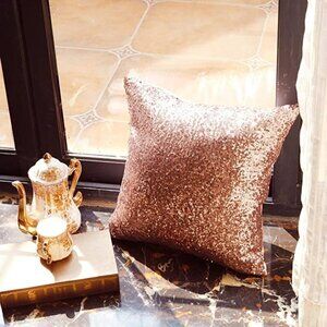 Amazlinen Sequin Throw Pillow Cover Shiny Sparkling Satin Back Rose Gold 16x16